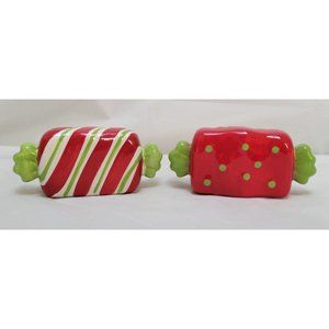 Ceramic Red Green White Wrapped Christmas Candy Salt and Pepper Shakers